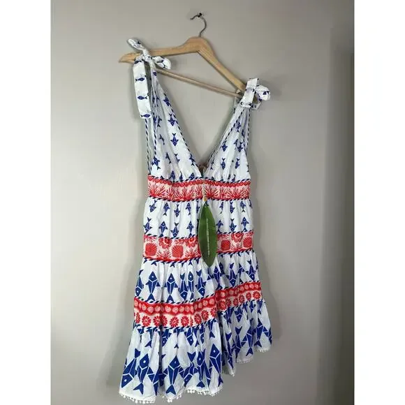 NWT Farm Rio V-neck Shoulder Tie Graphic Fishes Off White Tiered Dress Sz: Small - Picture 3 of 8